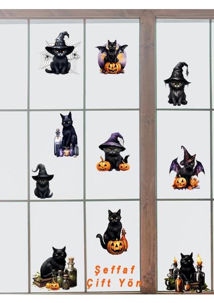 , Şeffaf Çift Yönlü Hallowen Kedileri, Cam, Duvar, Sticker 10-18 cm indirimleri