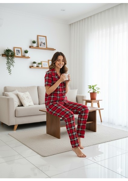 Kadın Kırmızı Ekoseli Pijama Takımı fırsatları