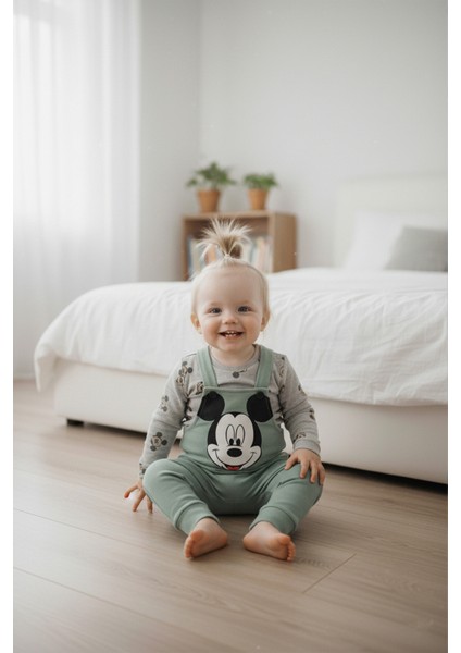 Mickey Mouse Baskılı Içi Badili Salopet Bebek Tulumu