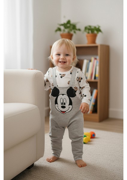 Mickey Mouse Baskılı Içi Badili Salopet Bebek Tulumu