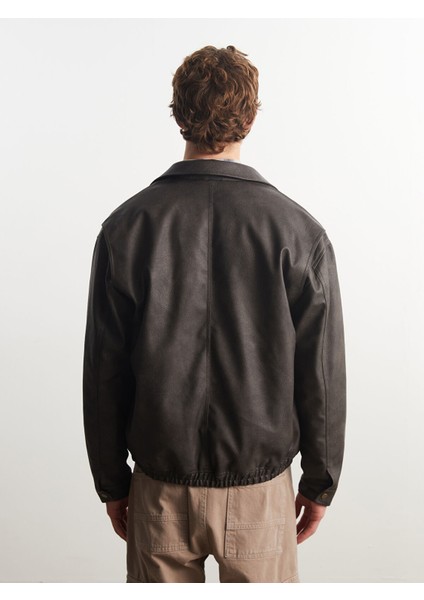 Yeni Sezon Standart Kalıp Gömlek Yaka Erkek Deri Görünümlü Ceket indirimleri