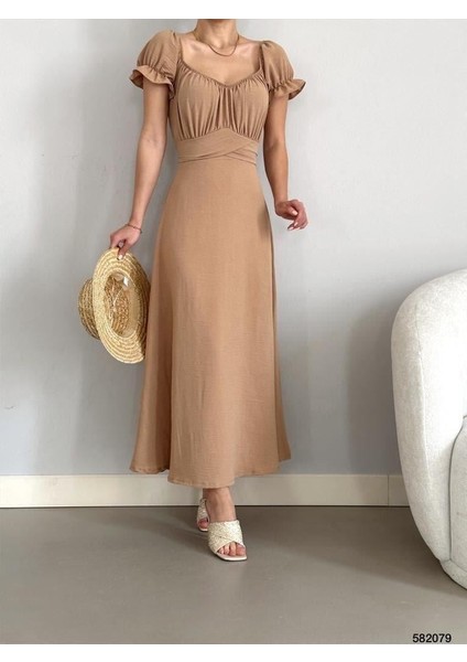 Kemerli Kol Lastikli Madonna Yaka Elbise Vizon 582079