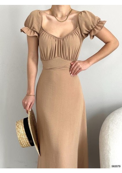 Kemerli Kol Lastikli Madonna Yaka Elbise Vizon 582079 fiyatları