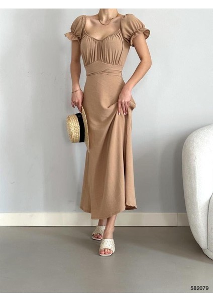 Kemerli Kol Lastikli Madonna Yaka Elbise Vizon 582079 modelleri