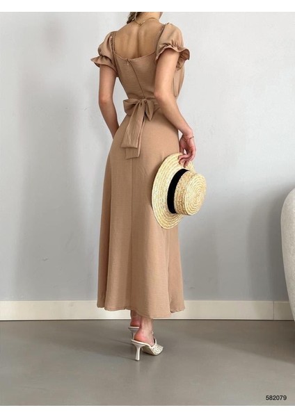 Kemerli Kol Lastikli Madonna Yaka Elbise Vizon 582079 fırsatları