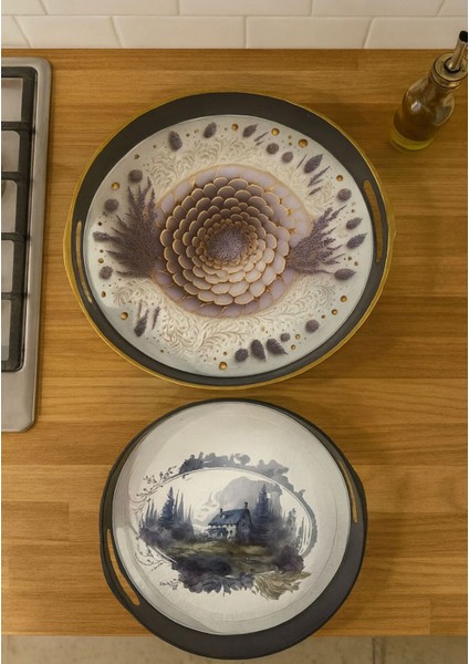 Asorti 2'li Yuvarlak Sunum Tepsi Seti Şık Dekoratif Ikram Tepsisi 28CM ve 35CM modelleri