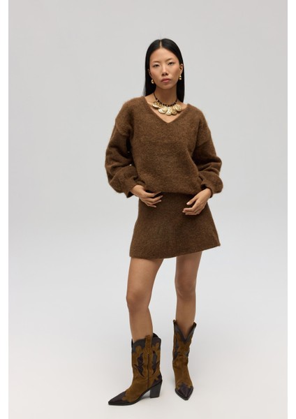 Nordis Volanlı Açık Kahve Triko Mini Etek