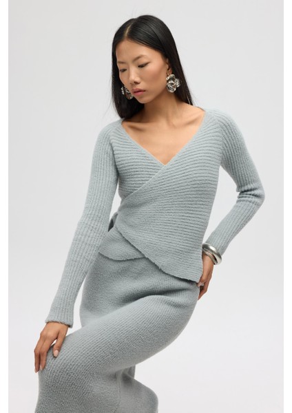 Fluff Bağlamalı Gri Üst-Etek Takım