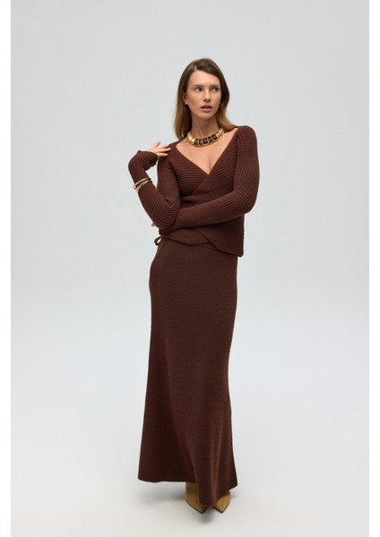 Fluff Bağlamalı Kahve Üst-Etek Takım