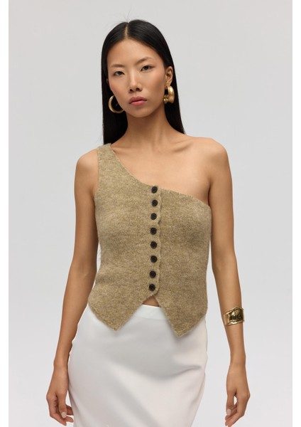 Elvar Tek Omuz Vizon Triko Crop