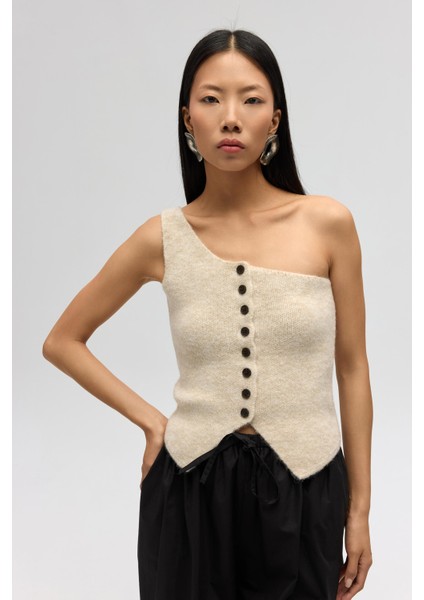 Elvar Tek Omuz Bej Triko Crop