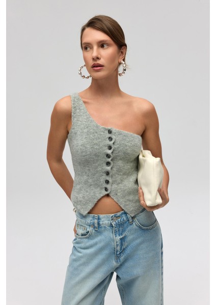 Elvar Tek Omuz Gri Triko Crop