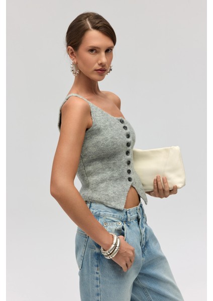 Elvar Tek Omuz Gri Triko Crop modelleri