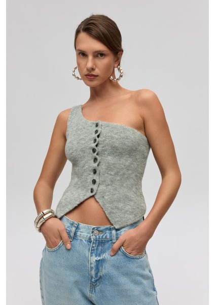 Elvar Tek Omuz Gri Triko Crop fırsatları