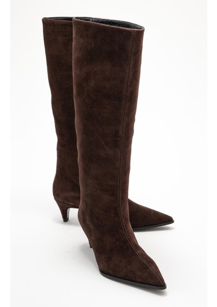 Sıora Kahverengi Süet Hakiki Deri Kadın Kısa Topuklu Çizme