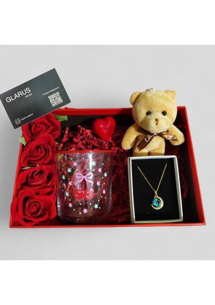 Sevdiklerinize Özel Hediye Kutusu Peluş Ayı Anahtarlık Gezegen 316L Çelik Kolye Kiraz Cam Bardak