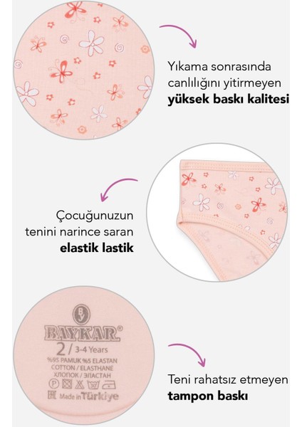 Kız Çocuk Pamuklu Renkli Baskılı Bikini Külot 3'lü Paket 5352 Renkli fiyatları