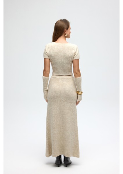 Lumi Gül Detay Bej Crop Etek Triko Takım indirimleri