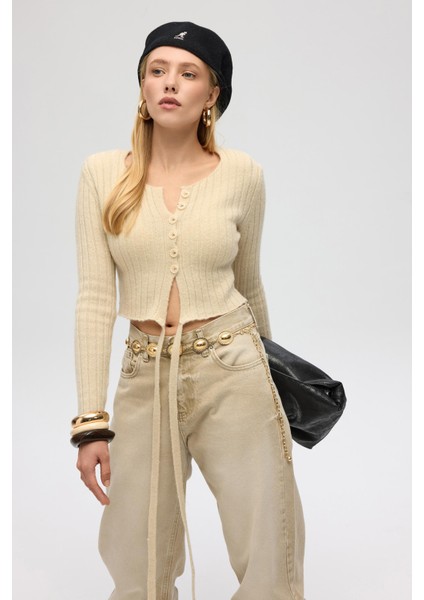 Isador Vatkalı Bej Crop Triko Hırka