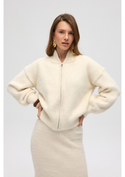 Eskara Fermuarlı Ekru Triko Hırka