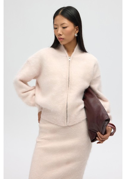 Eskara Fermuarlı Pembe Triko Hırka