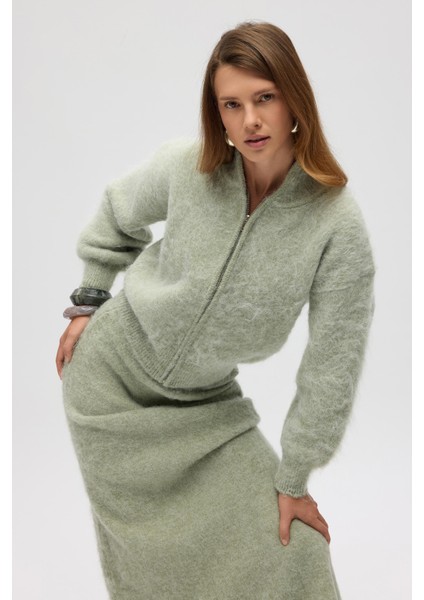 Eskara Fermuarlı Yeşil Triko Hırka