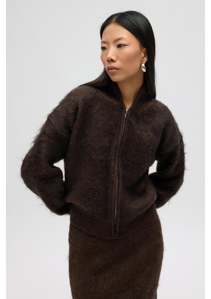 Eskara Fermuarlı Kahve Triko Hırka