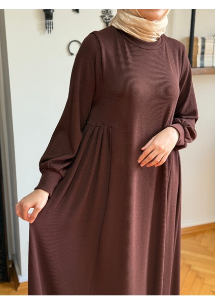Kahverengi Yandan Büzgülü Fitilli Örme Elbise 9922 fiyatları