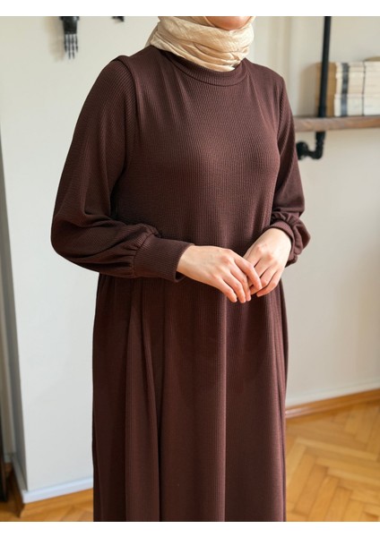 Kahverengi Yandan Büzgülü Fitilli Örme Elbise 9922 modelleri