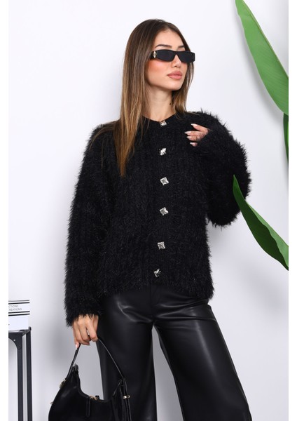 Siyah Düğmeli Simli Angora Yumoş Triko Hırka