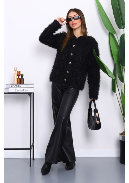 Siyah Düğmeli Simli Angora Yumoş Triko Hırka fiyatları