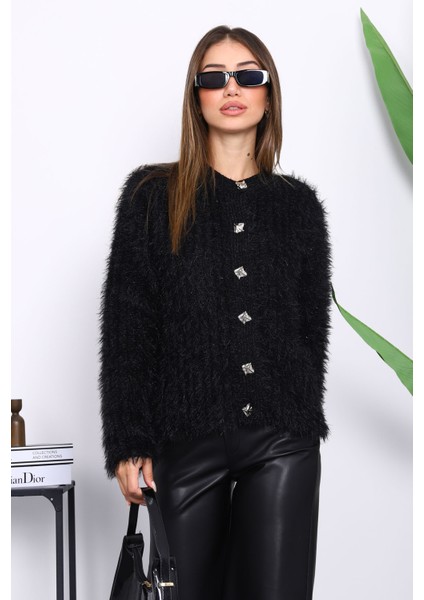 Siyah Düğmeli Simli Angora Yumoş Triko Hırka modelleri