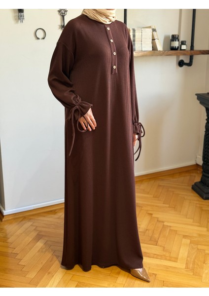 Kahverengi Kol Bağlamalı Düğme Detaylı Örme Elbise 9921 modelleri