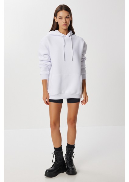 Kapüşonlu Oversize Şardonlu Örme Sweatshirt LEN0042 Beyaz indirimleri