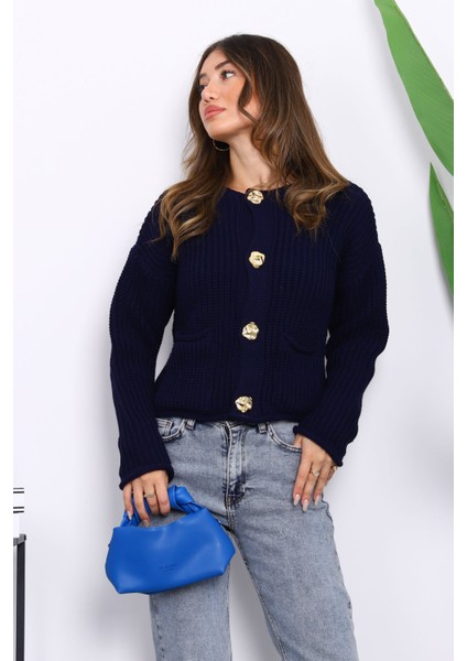 Lacivert Selanik Örgülü Kısa Triko Hırka