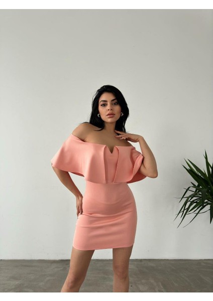 Düşük Omuz Mini Scuba Elbise 58985 Pudra