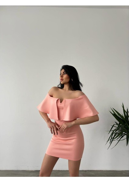 Düşük Omuz Mini Scuba Elbise 58985 Pudra fiyatları