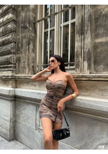 Straplez Yaka Büzgülü Mini Tül Elbise 583021 Kahve