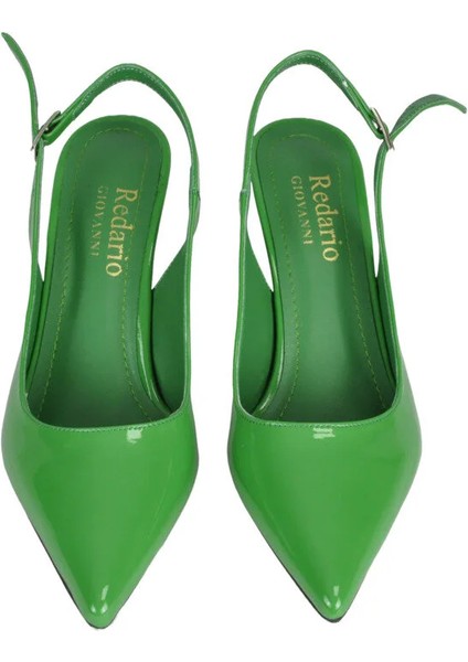 Kadın Yeşil Rugan Arkası Açık Topuklu Ayakkabı modelleri