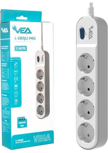 Vea VE-VEGA104 A Class 4'lü Anahtarlı 1.5 Metre Akım Korumalı Priz fırsatları