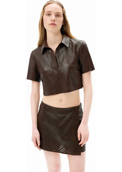 Kadın Kahve Lazer Kesimli Kısa Perforeli Deri Gömlek