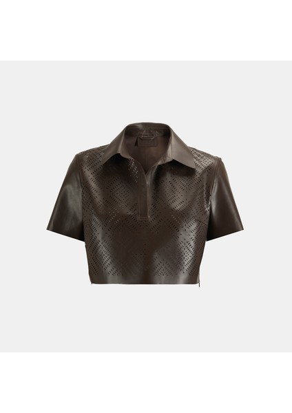 Kadın Kahve Lazer Kesimli Kısa Perforeli Deri Gömlek fırsatları