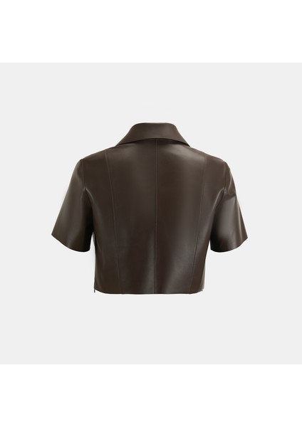 Kadın Kahve Lazer Kesimli Kısa Perforeli Deri Gömlek indirimleri