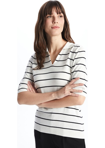 Yeni Sezon Polo Yaka Çizgili Kısa Kollu Kadın Triko Kazak