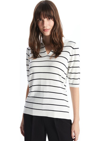 Yeni Sezon Polo Yaka Çizgili Kısa Kollu Kadın Triko Kazak fiyatları