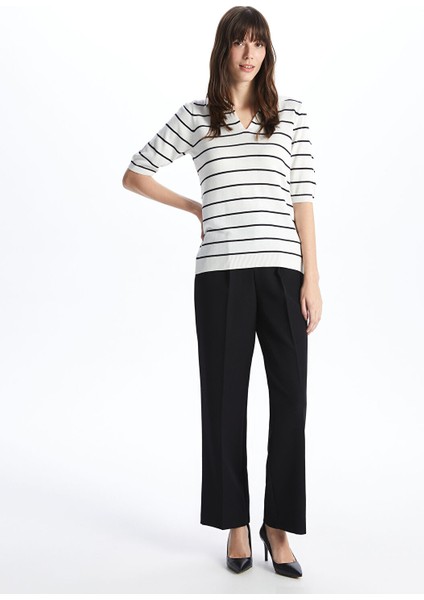 Yeni Sezon Polo Yaka Çizgili Kısa Kollu Kadın Triko Kazak modelleri