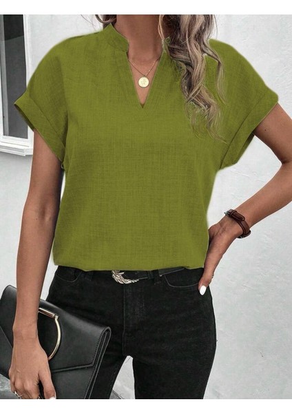 Kadın V Yaka Sofya Keten Kumaş Tişört (Renkli)