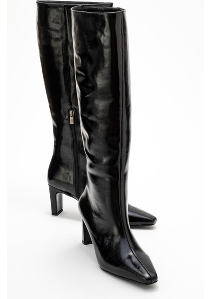 Lume Siyah Rugan Hakiki Deri Kadın Blok Topuklu Çizme