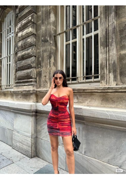 Straplez Yaka Büzgülü Mini Tül Elbise 583021 Kırmızı
