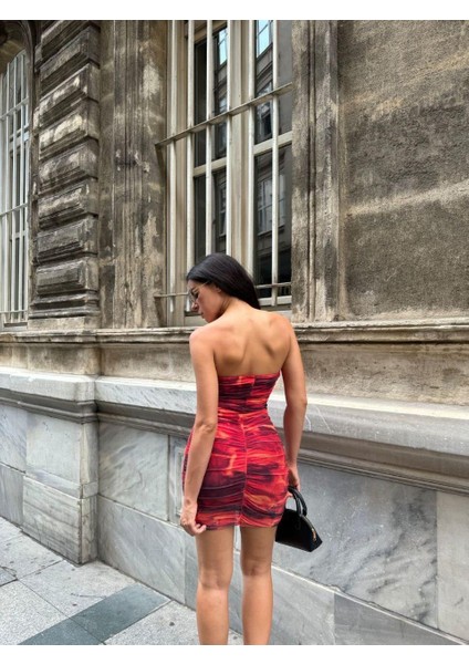 Straplez Yaka Büzgülü Mini Tül Elbise 583021 Kırmızı fırsatları